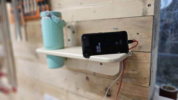 Bedside shelf with night light, phone and cup holder