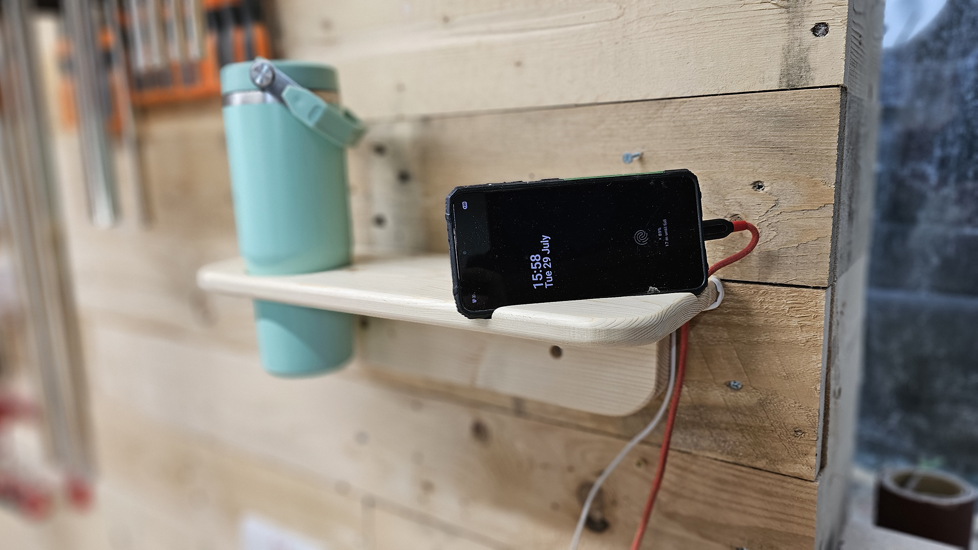 Bedside shelf with night light, phone and cup holder